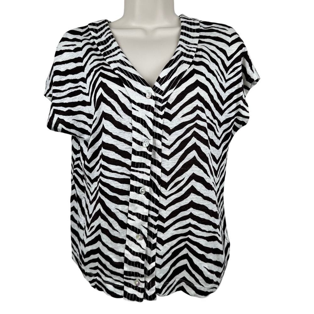 Tahari 100% Linen Blouse Top Knit Button Front Cap Sleeve Zebra Brown Cream M